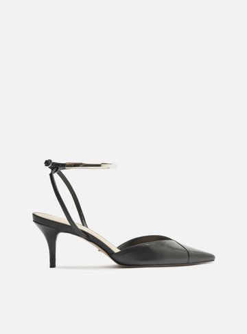 Scarpin Preto Couro Salto Kitten Tira Metal