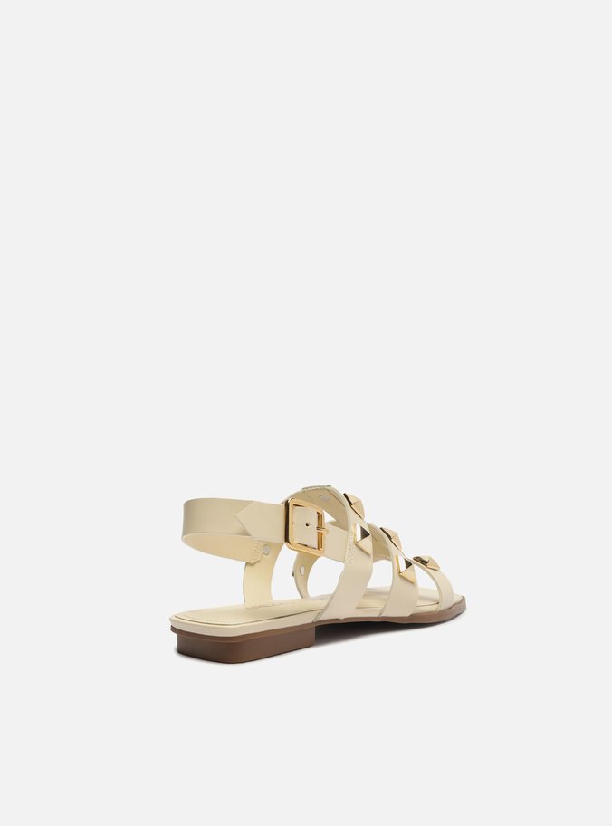 Sandália Rasteira Off-White Couro Tiras Studs