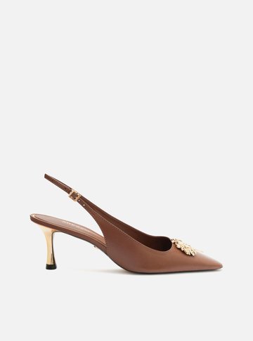 Scarpin Marrom Couro Bico Quadrado Slingback Flor