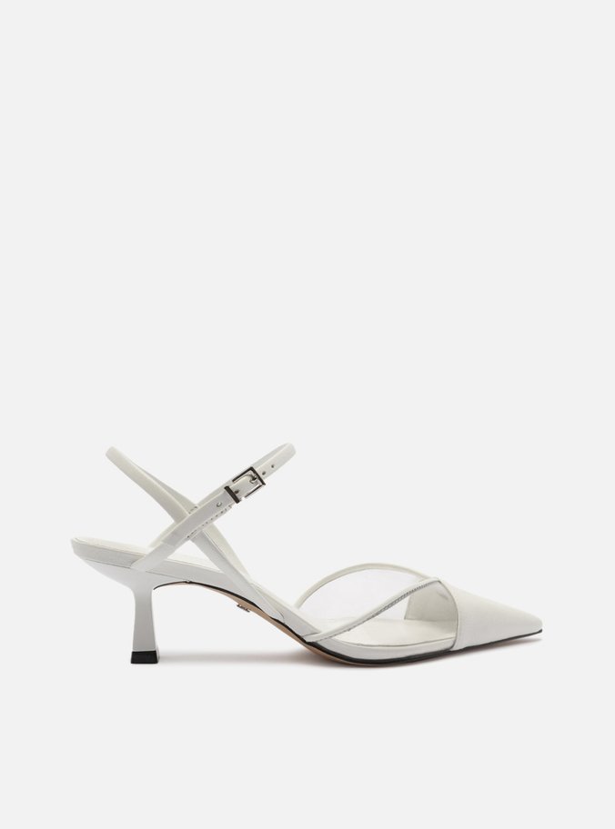 Scarpin Branco Couro Salto Médio Bico Fino Vinil