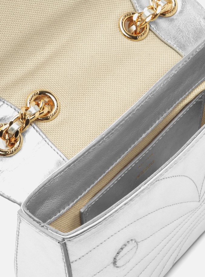 Bolsa Tiracolo Prata Couro Pequena Metal Flor