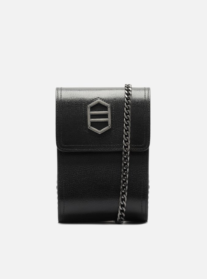 Mini Bag Preta Couro Porta-Celular Tag Metal