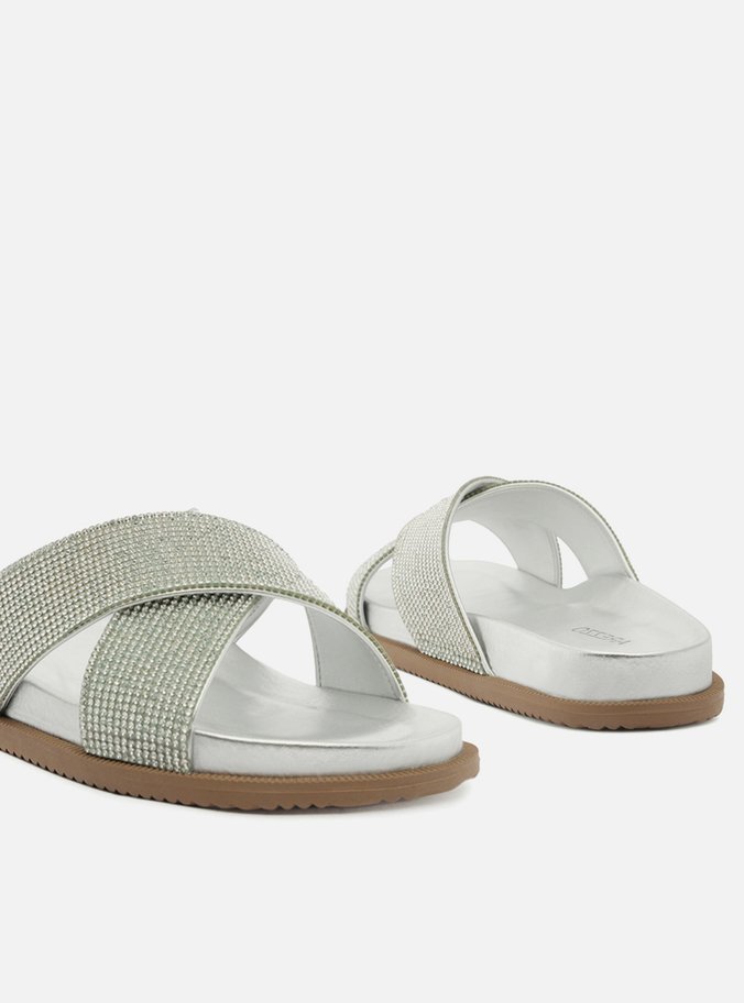 Slide Prata Tiras Largas Strass