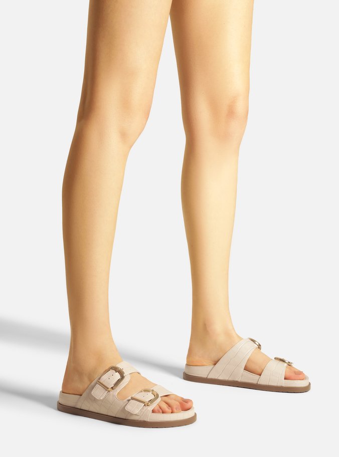 Sandália Papete Branca Croco Flatform Fivelas