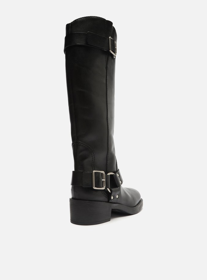 Bota Preta Couro Cano Longo Fivelas