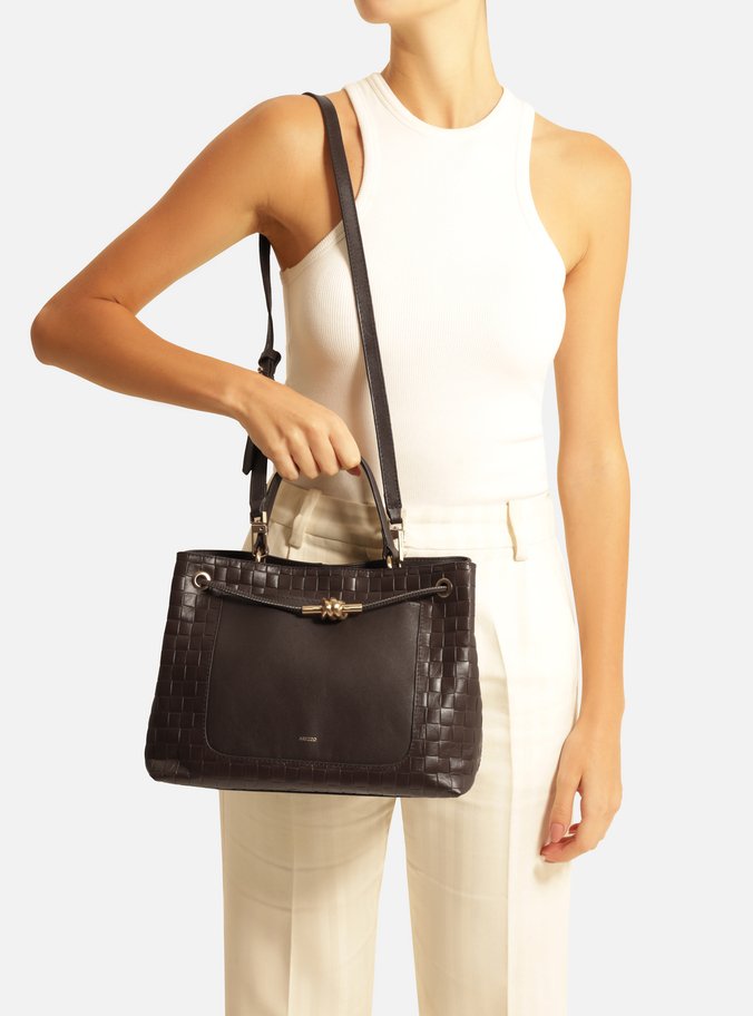Bolsa Tote Marrom Couro Tressê Grande Nó Metal