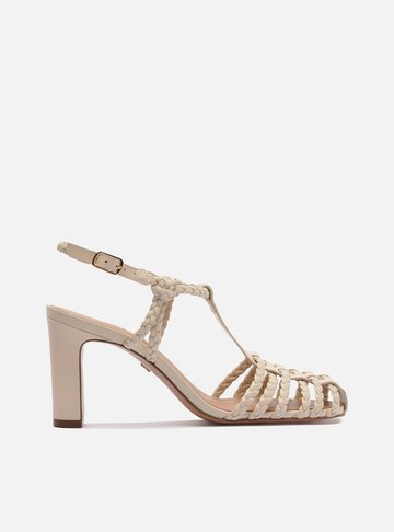 Arezzo — Sandália Off White Salto Médio Bloco Tiras Trançadas