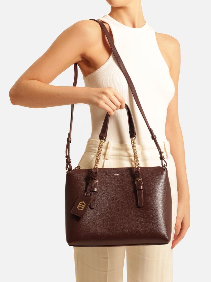 Bolsa Tote Marrom Couro Grande Alça Corrente