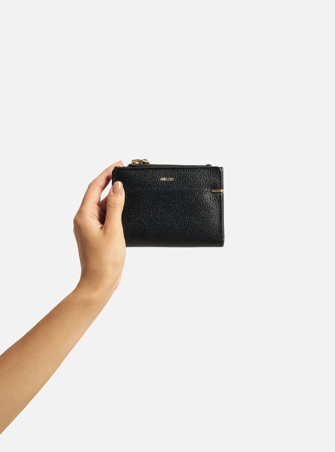 Carteira Preta Couro Pequena Zíper Metais