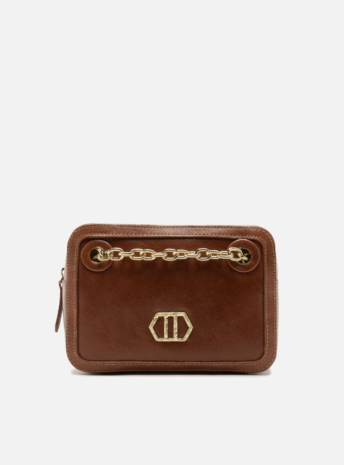 Bolsa Tiracolo Marrom Couro Média Metal Geométrico