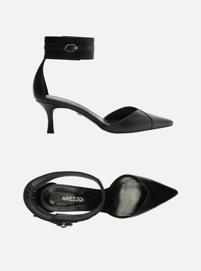 Scarpin Preto Couro Salto Baixo Bico Fino Ankle Strap