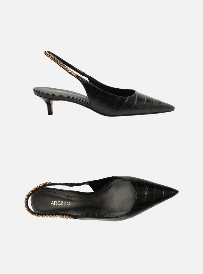 Scarpin Preto Croco Salto Baixo Slingback