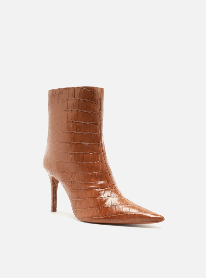 Bota Marrom Croco Cano Médio Salto Fino