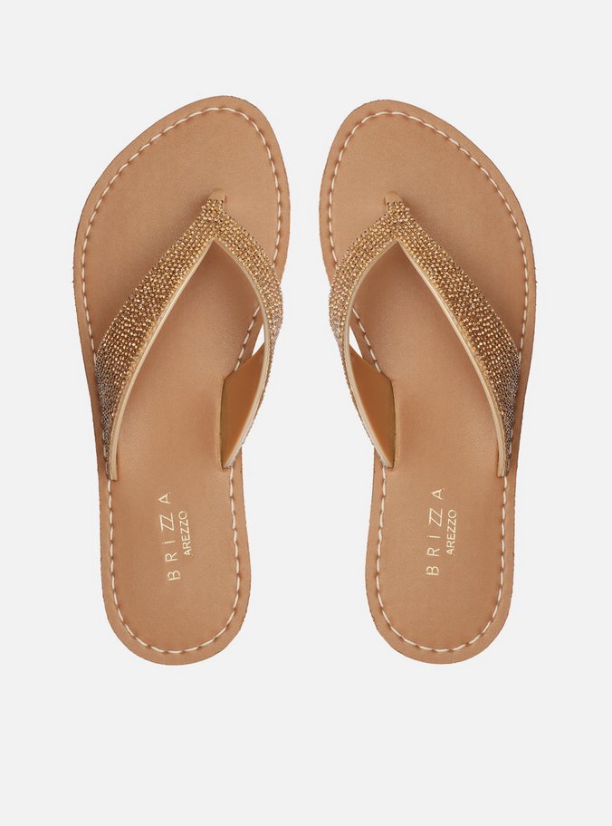 Rasteira Dourada Bico Redondo Strass Eze