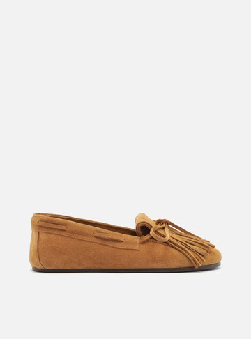 Mocassim Marrom Claro Acamurçado Franjas Laço