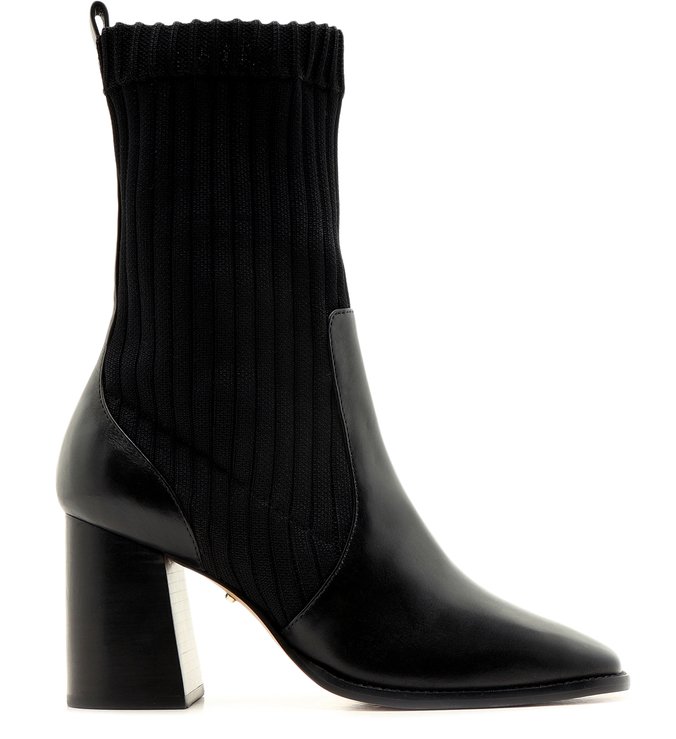 Bota Couro Salto Médio Cano Médio Knit Preta