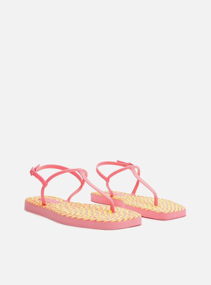 Sandália Rasteira Rosa Square Thong Crochê Brizza