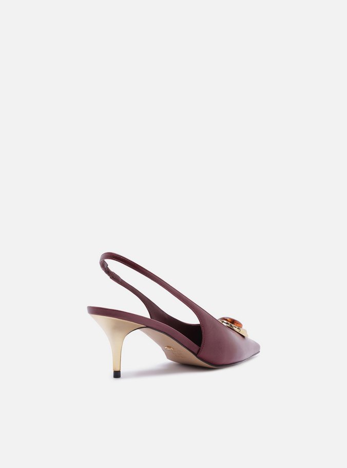Scarpin Vinho Couro Salto Baixo Slingback Pedraria