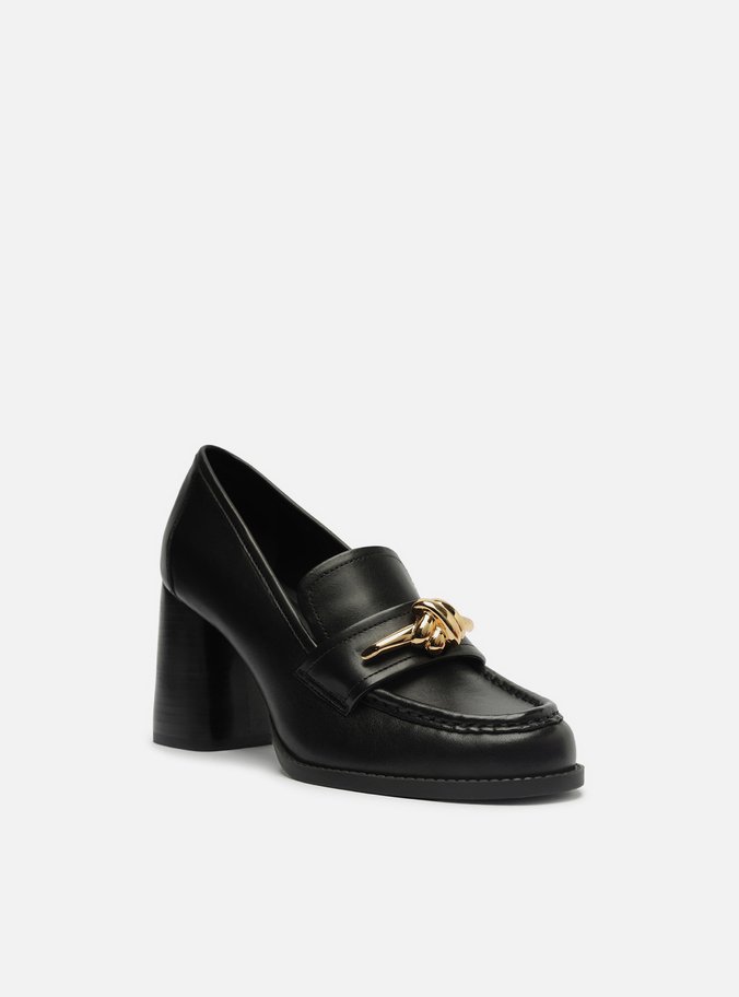 Loafer Preto Couro Salto Bloco Metal Nó