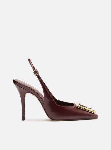 Scarpin Vermelho Couro Bico Quadrado Slingback Metal