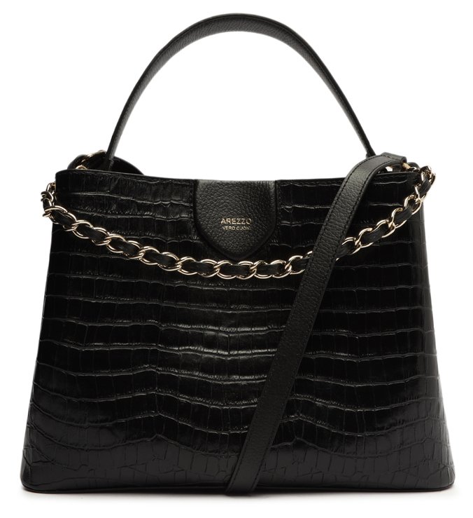 Satchel Preta Couro Croco Helena Grande