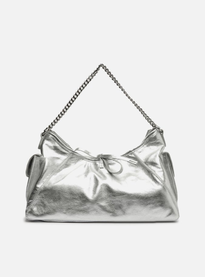 Bolsa Tiracolo Prateada Couro Pequena Laço