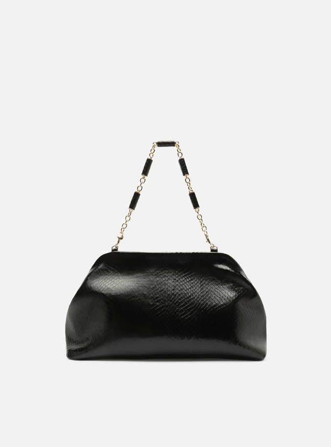 Bolsa Clutch Preta Couro Média Snake Corrente