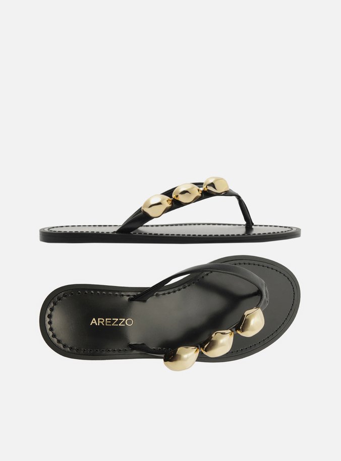 Rasteira Preta Couro Flip Flop Metais