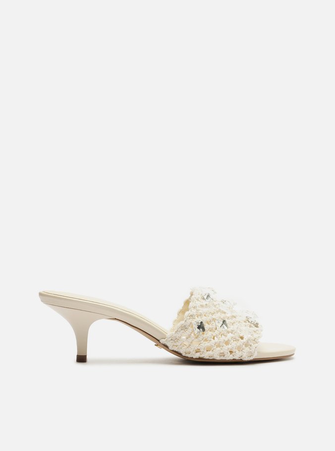 Mule Branca Salto Kitten Bordado Floral
