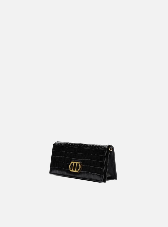 Clutch Preta Couro Croco Pequena Metal