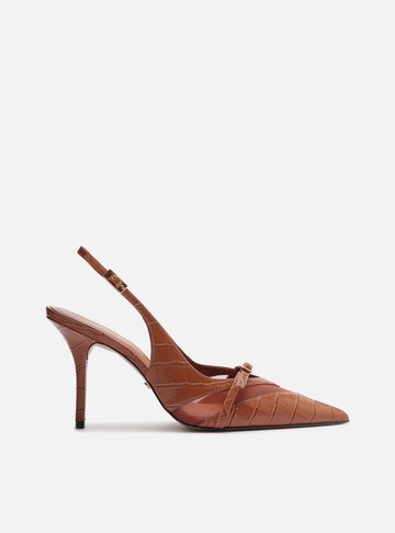 Arezzo — Scarpin Marrom Croco Salto Alto Slingback Tela