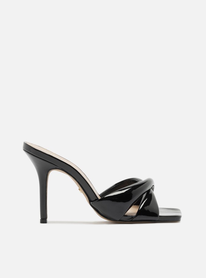 Mule Preta Salto Alto Tiras Maxi