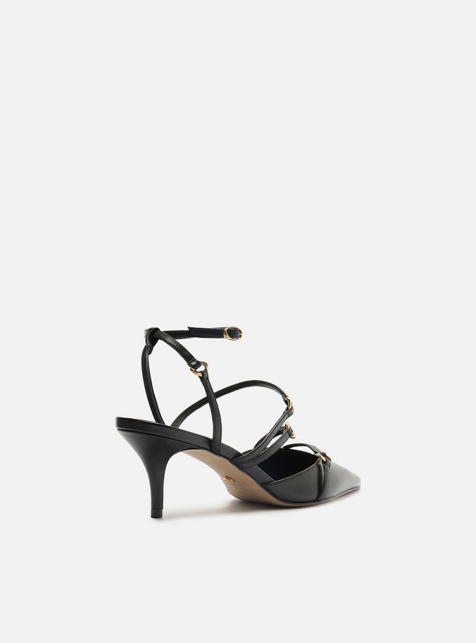 Scarpin Preto Couro Salto Kitten Tiras