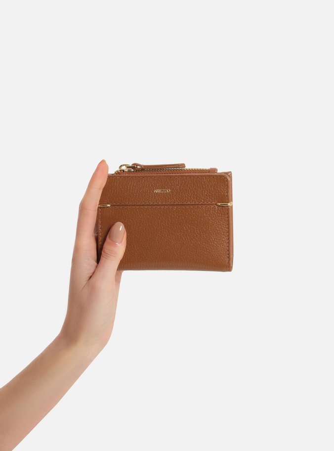 Carteira Caramelo Couro Pequena Zíper Metais