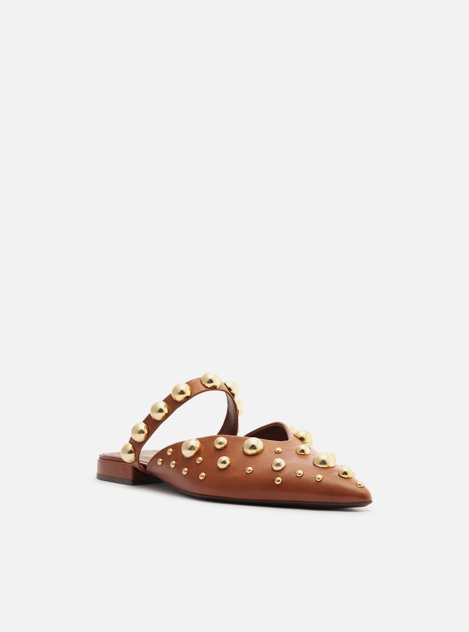 Mule Marrom Couro Bico Fino Studs