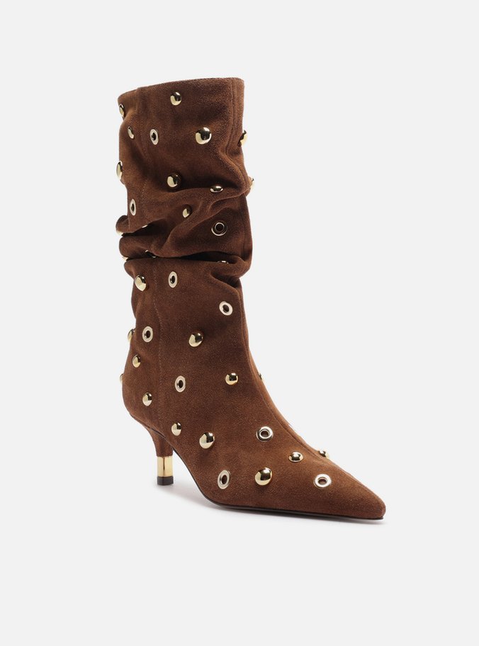 Bota Marrom Camurça Salto Fino Slouchy Rebites
