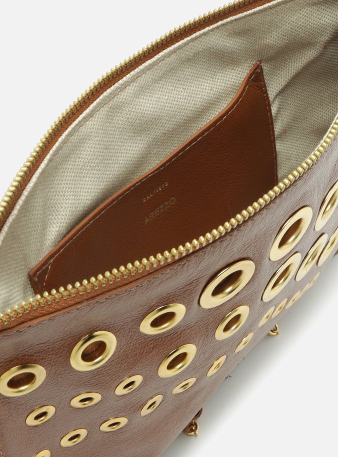 Clutch Marrom Couro Média Franjas Ilhoses
