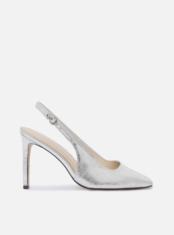 Scarpin Prata Snake Bico Quadrado Slingback