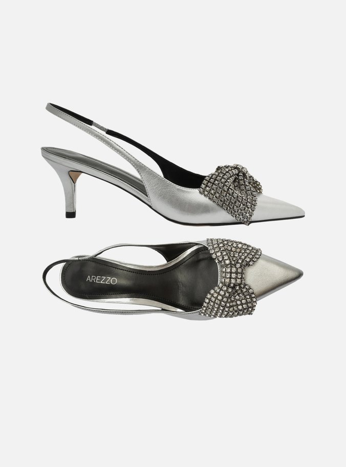 Scarpin Prata Couro Salto Médio Slingback Laço