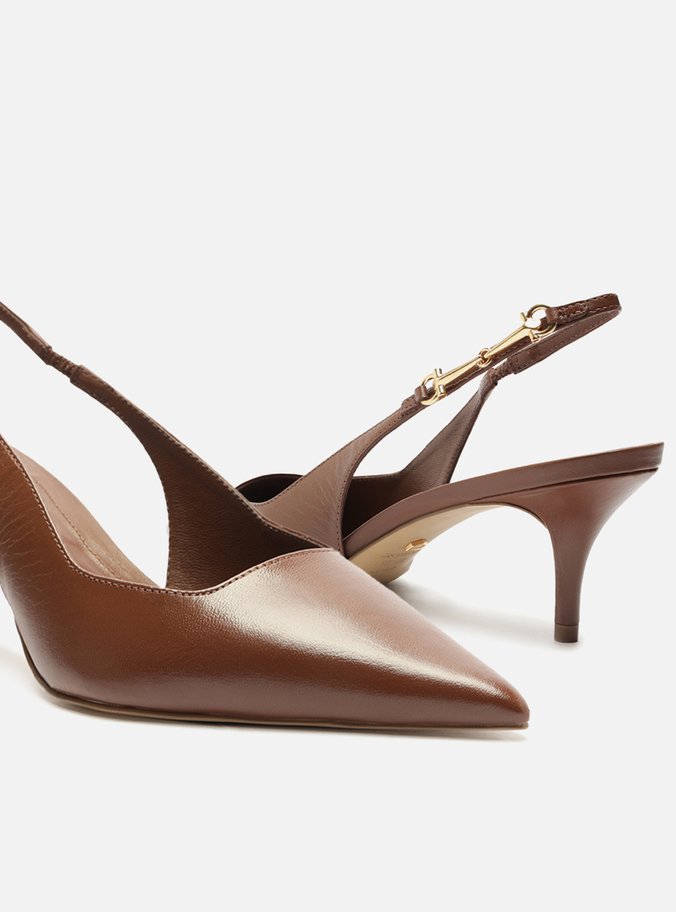 Scarpin Marrom Couro Slingback Detalhe Metal