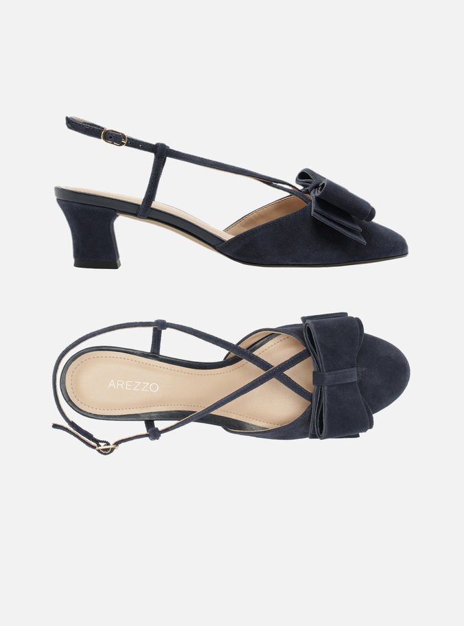 Scarpin Azul Camurça Salto Baixo Slingback Laço