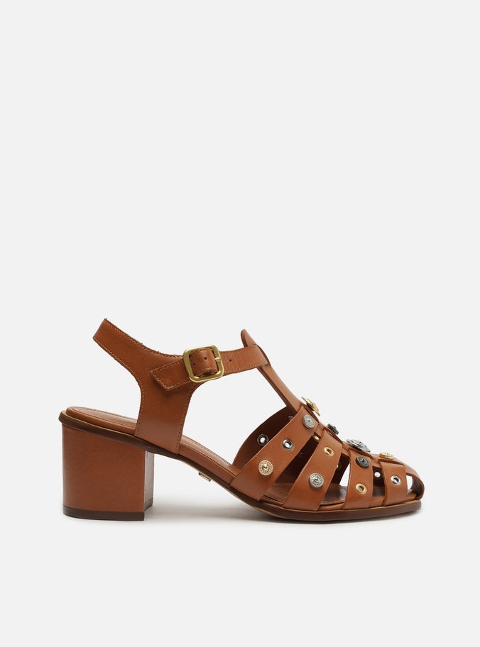 Sandália Marrom Couro Bloco Huarache Metal