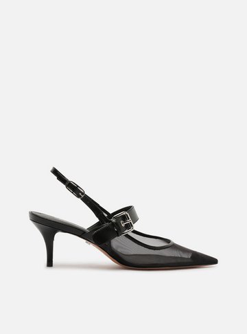 Scarpin Preto Tela Salto Kitten Tira Afivelada