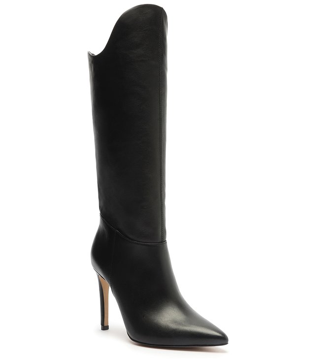 Bota Preta Couro Cano Alto Salto Alto Fino