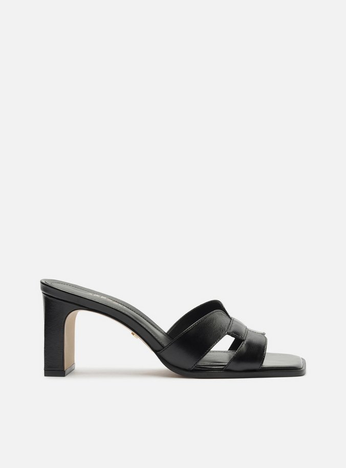 Mule Preto Couro Bloco Bico Quadrado