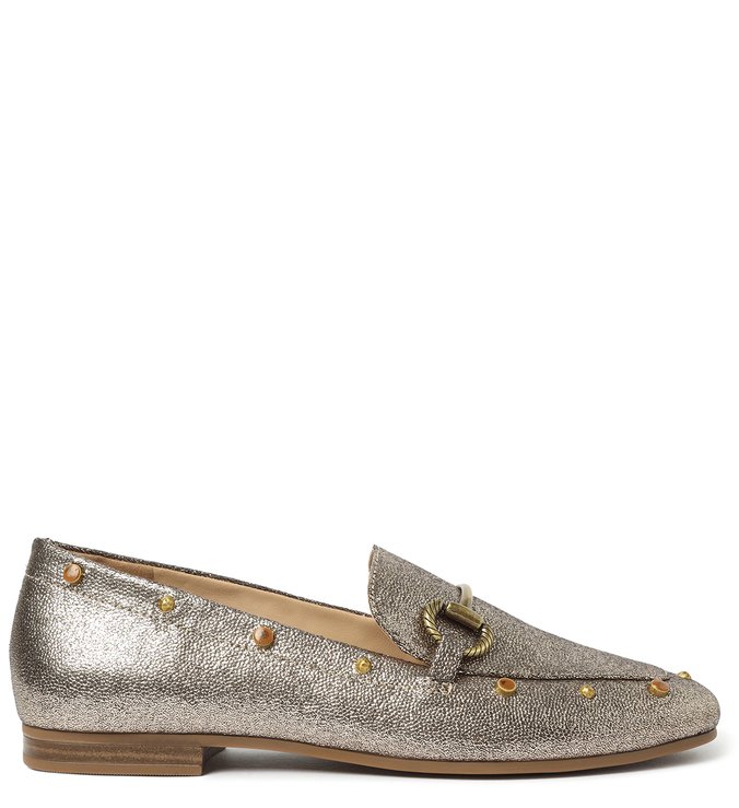 Mocassim Dourado Craquelado com Bridão de Metal