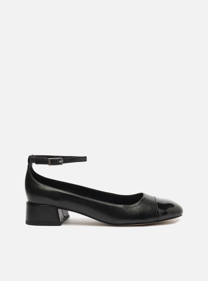 Sapato Boneca Preto Couro Bico Quadrado Cap Toe