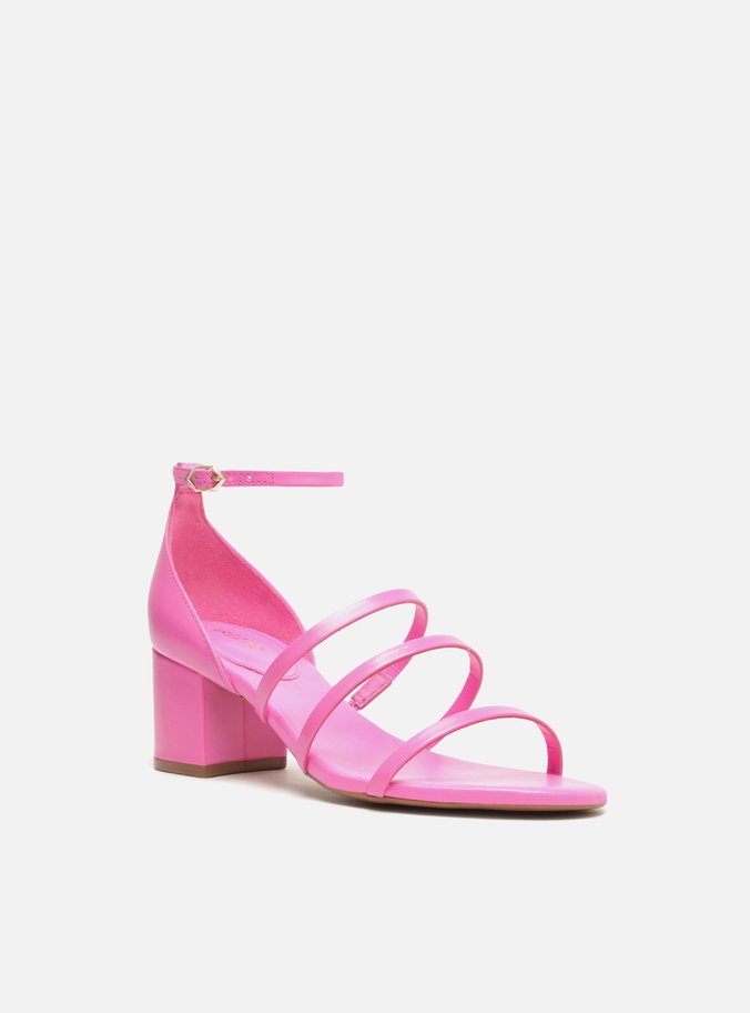 Sandália Rosa Pink Couro Salto Bloco Tiras Finas