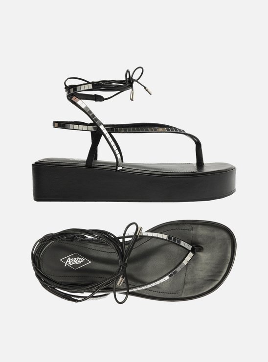 Sandália Preta Flatform Amarração Brilho