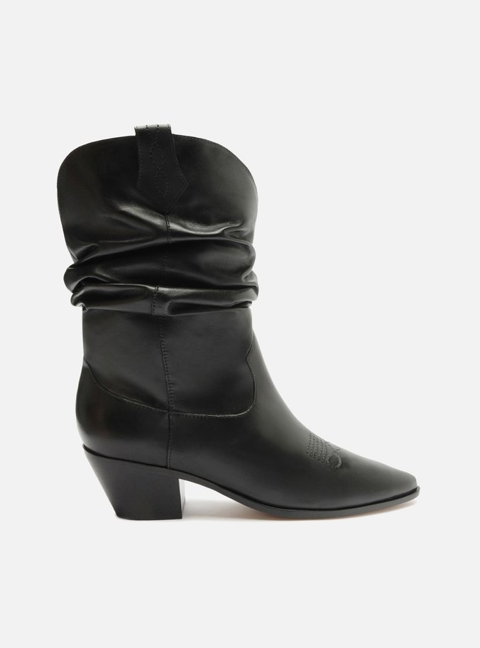 Bota Preta Couro Cano Curto Franzido Western